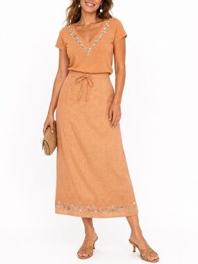Vintage Edward Irish Linen 2 Pc Peach Shell Embellished Skirt Set 8 M